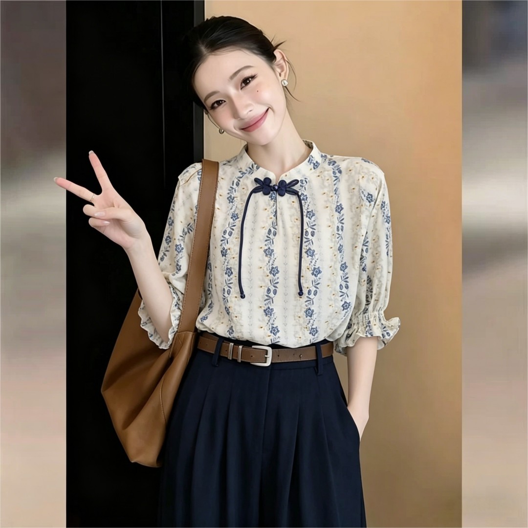 실사 프랑스식 스탠드 칼라 칠보 반팔 티셔츠 스타일 여성 셔츠 2026 여름 빛 요리 한 작은 대중 아니요 명중 섹션 맨위