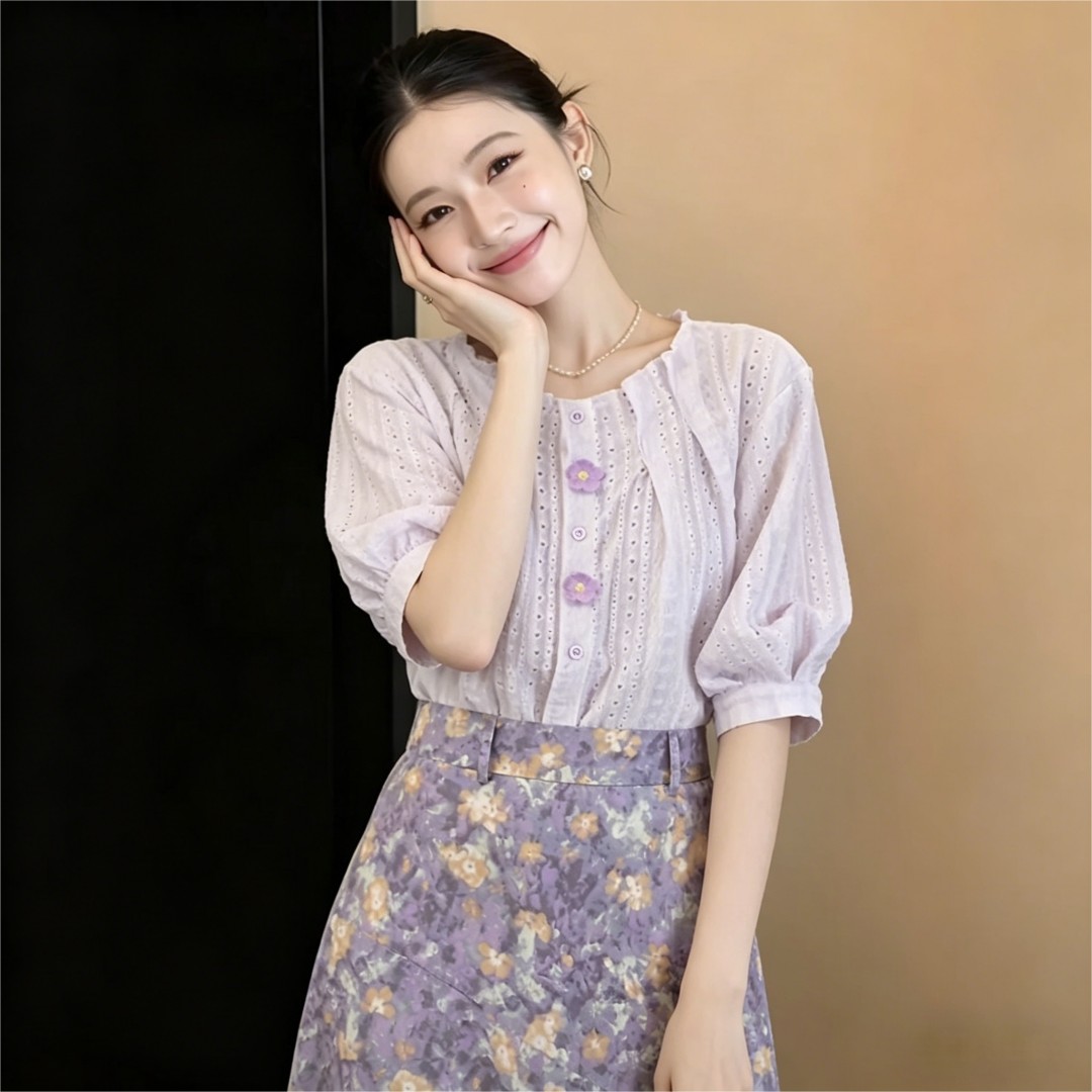 실사 프랑스식 레트로 스타일 새로운 품격 슬림해 보이는 반팔 티셔츠 스타일 여성 셔츠 2026 여름 분위기 센스 맨위