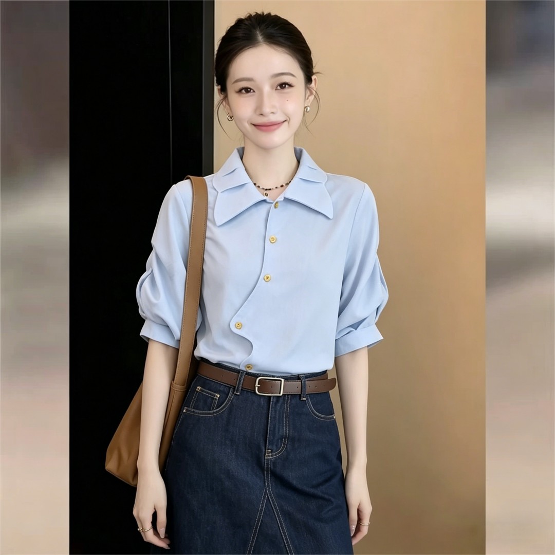 실사 프랑스식 레트로 디자인 섹션 캐주얼 반팔 여성 셔츠 2026 여름 새로운 작은 대중 슬림해 보이는 맨위