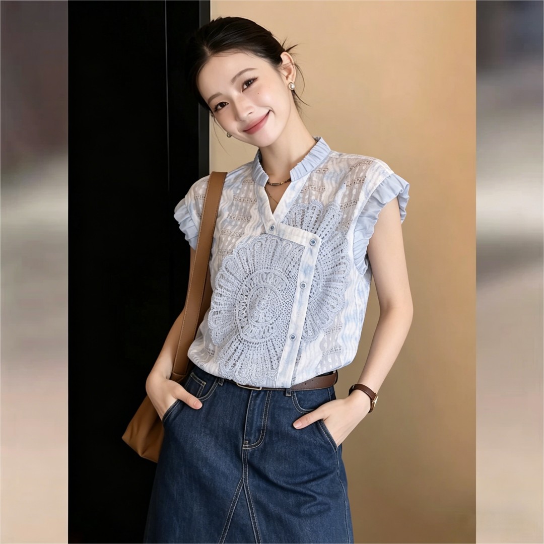 실사 프랑스식 홀로우 아웃 레이스 조각 Feifei 소매 셔츠 여성 2026 여름 새로운 작은 대중 슬림해 보이는 맨위