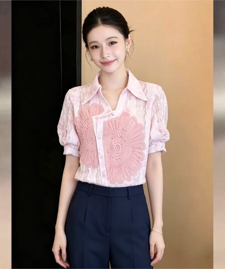 실사 프랑스식 레트로 디자인 센스 패션 품격 얇고 가벼운 반팔 여성 셔츠 2026 여름 출퇴근 맨위