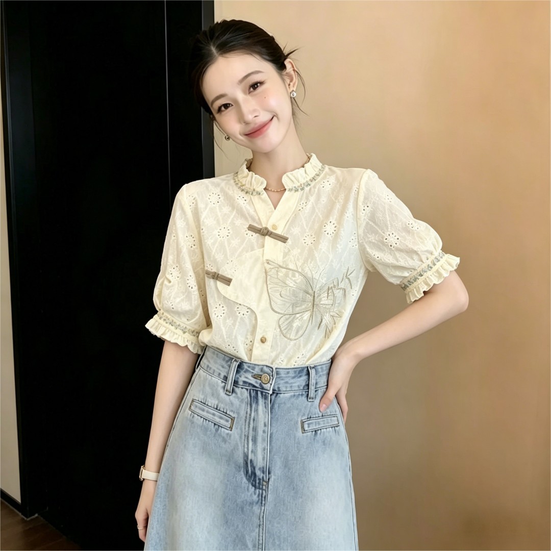 실사 레트로 센스 레이스 자수 빛 국풍 디자인 센스 불규칙 다용도 반팔 셔츠 2026 여름 맨위