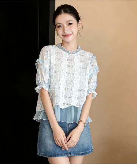 실사 프랑스식 레트로 패치워크 레이스 레이스 반팔 셔츠 2026 여름 다용도 맨위 슬림해 보이는 셔츠