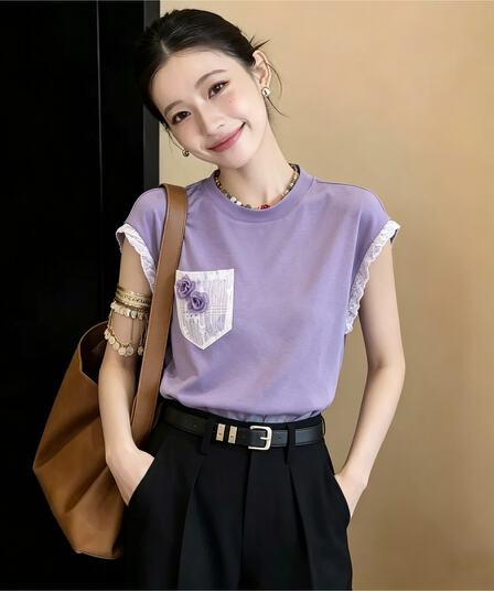 실사 프랑스식 레트로 연령 감소 반팔 티셔츠 외국 가스 다용도 꽃 라운드 넥 작은 셔츠 2026 여름 디스플레이 화이트 맨위