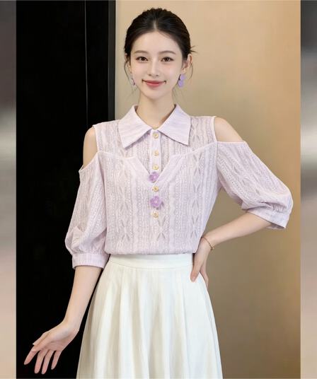 실사 프랑스식 부드러운 품격 바람 홀로우 아웃 통기성 반팔 여성 셔츠 2026 여름 출퇴근 슬림해 보이는 맨위
