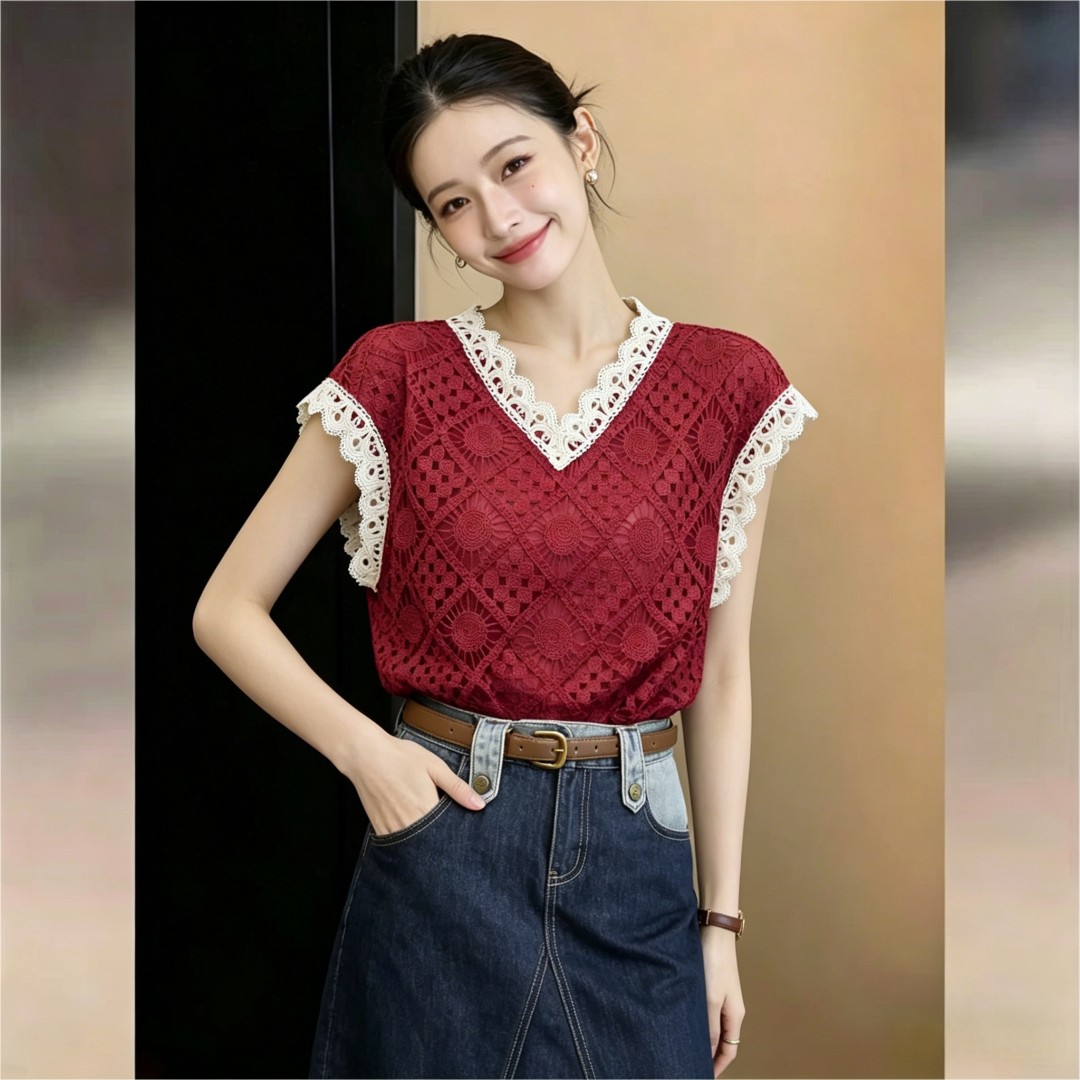 실사 프랑스식 레이스 테두리 장식 V넥 홀로우 아웃 디자인 센스 반팔 티셔츠 2026 여름 다용도 슬림해 보이는 맨위