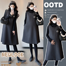 批发实拍大货新款孕妇两件套毛衣+毛呢宽松背带孕妇裙