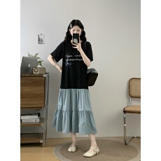 批发实拍大码女装2026夏季韩版胖MM休闲宽松遮肉烫钻拼接假两件连衣裙