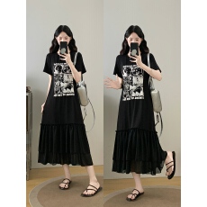 批发实拍<b class='q'>大码</b>女装2025夏季韩版休闲时尚印花拼接<b class='q'>雪纺</b>假两件显瘦连衣裙