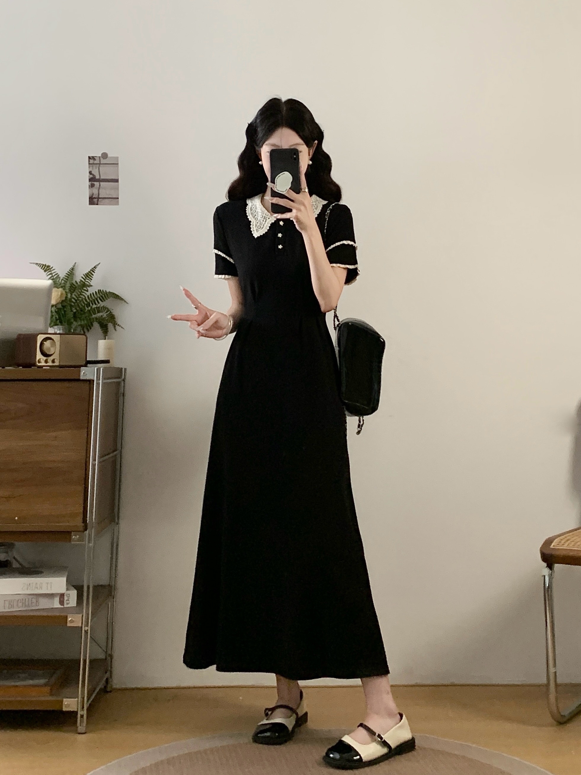 빅 사이즈 여성 의류 실사 2026 년 여름 새로운 프랑스식 캐주얼 POLO 칼라 레이스 조각 한 마디 드레스