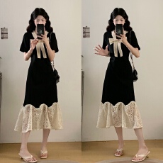 批发实拍大码女装2025<b class='q'>夏</b>季胖MM法式气质V领显瘦蝴蝶结蕾丝拼接连衣裙