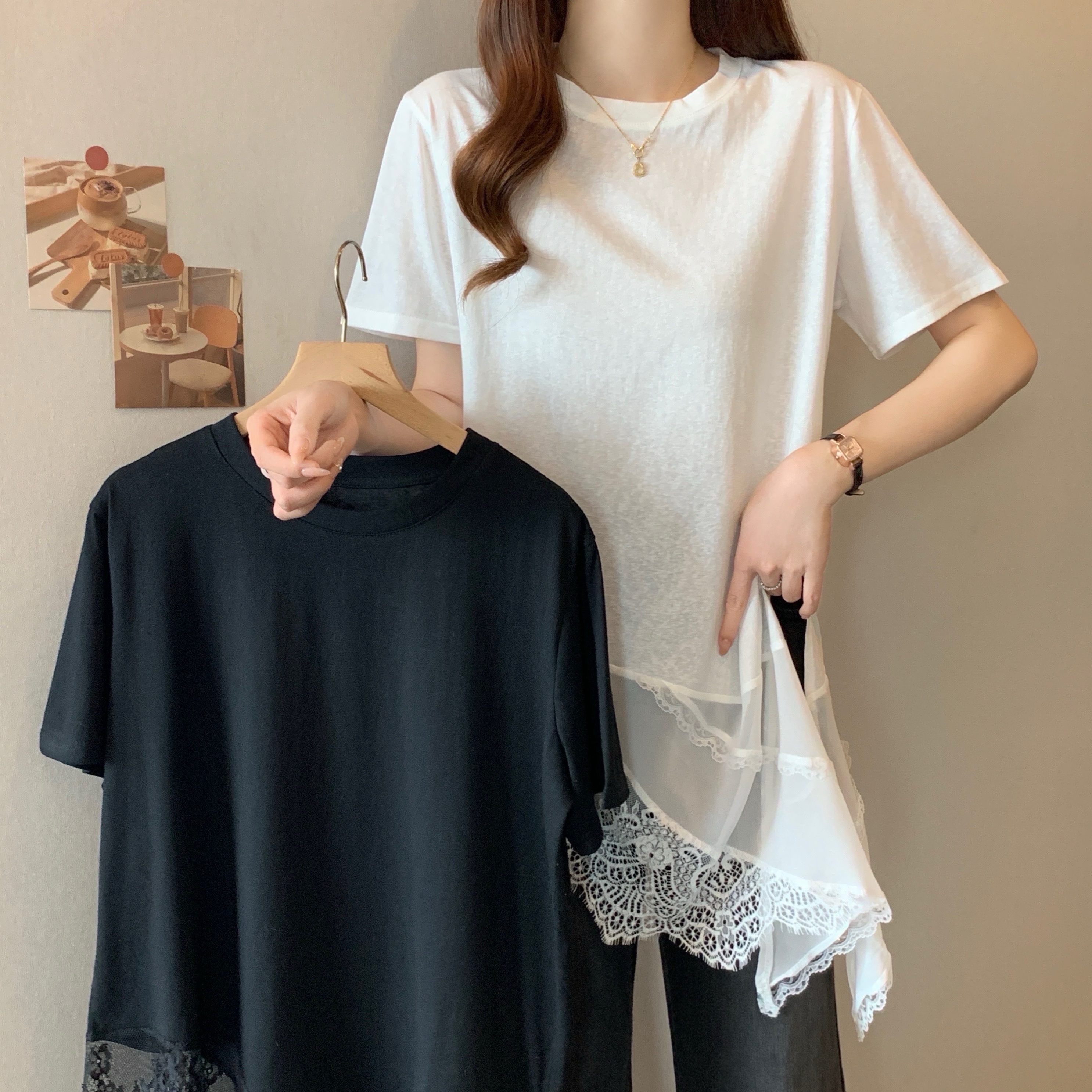 실사 빅 사이즈 여성 의류 지방 mm 봄 여름 디자인 센스 패치워크 레이스 불규칙 루즈핏 티셔츠 맨위 기본 셔츠