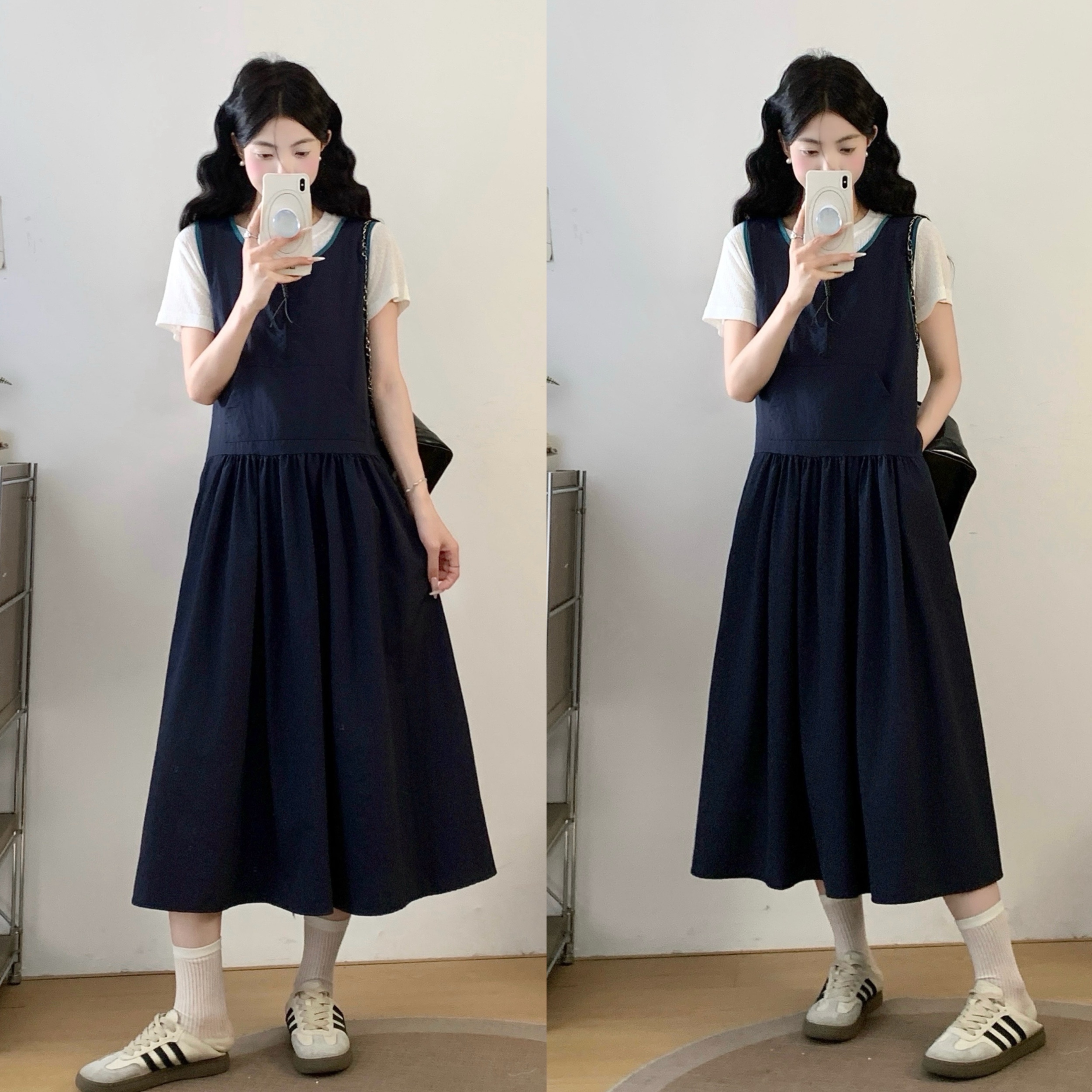 실사 빅 사이즈 세트 여성 2026 년 여름 한국 스타일 라운드 넥 캐주얼 조끼 스커트 화이트 반팔 티셔츠 투피스 슈트