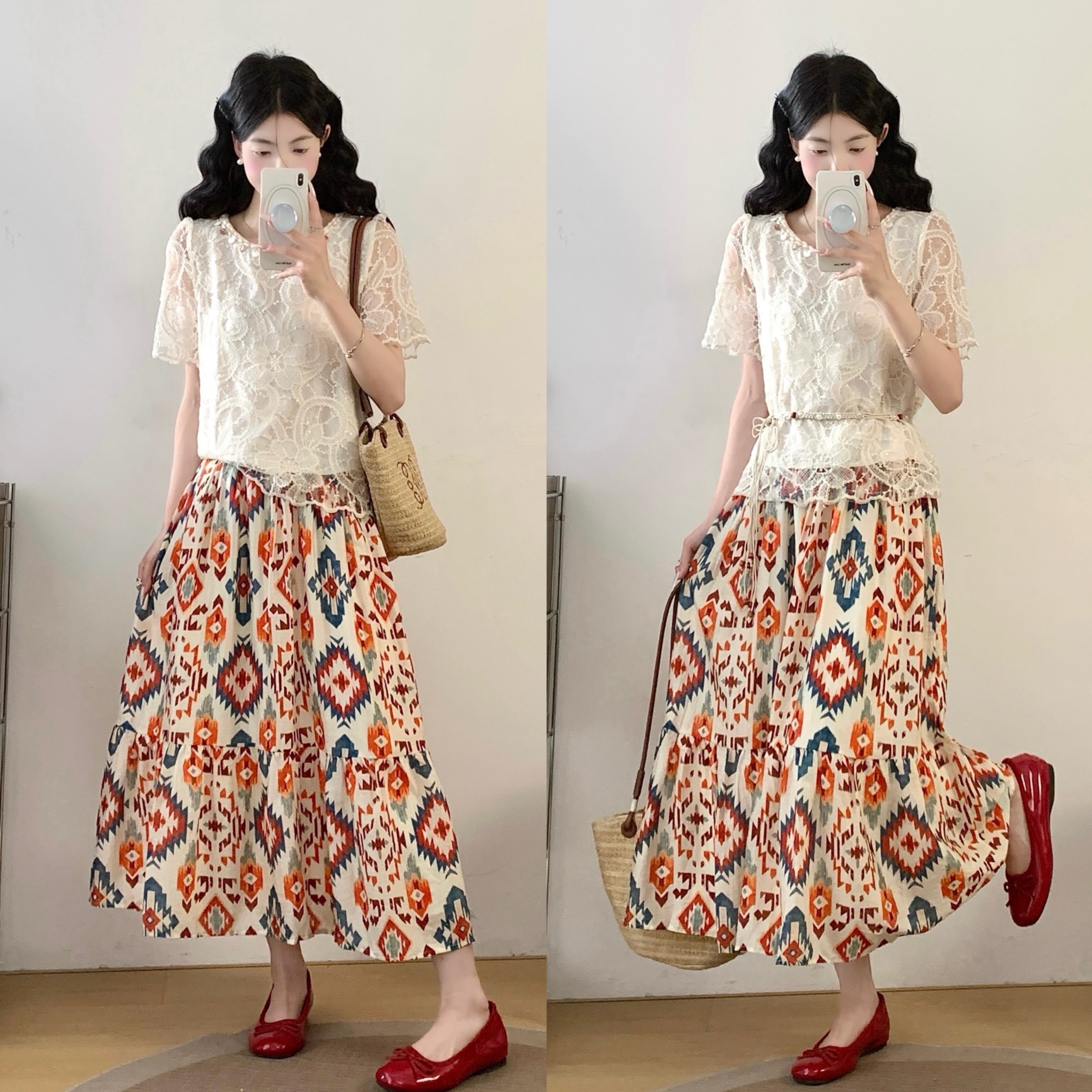 실사 빅 사이즈 여성 의류 2026 여름 새로운 라운드 넥 레이스 맨위 꽃무늬 반신 스커트 투피스 슈트