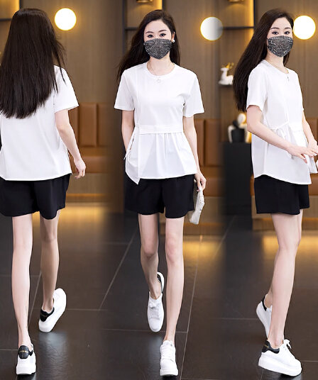 여름 빅 사이즈 여성 의류 한국 스타일 티셔츠 패션 통통한 여동생 루즈핏 표지 배 연령 감소 비대칭 다용도 반팔 맨위