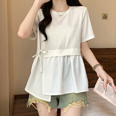 批发夏季大码女装韩版T恤时尚胖妹妹宽松遮肚减龄不对称百搭短袖上衣