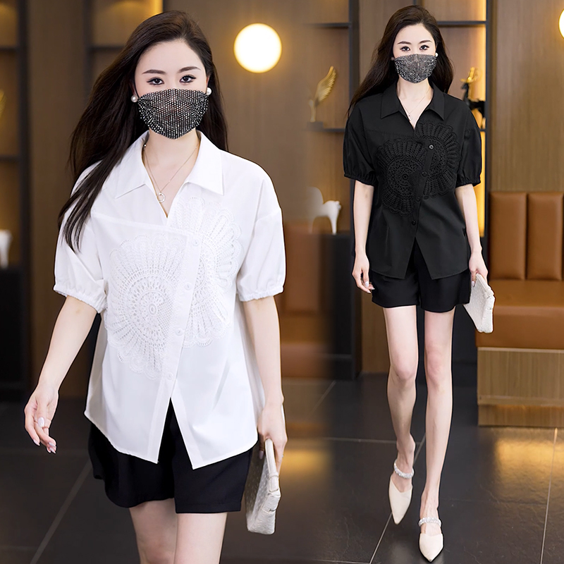 여름 새로운 여성 의류 셔츠 반팔 패션 빅 사이즈 지방 mm 루즈핏 슬림해 보이는 외국 가스 연령 감소 표지 배 맨위 여성