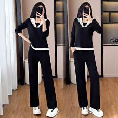 批发春季新款大码女装套装胖女孩时尚减龄宽松休闲上衣阔腿裤两件套女