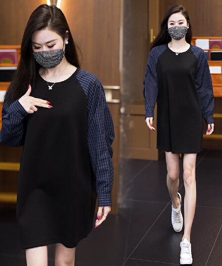 2026 가을 새로운 빅 사이즈 여성 의류 긴팔 드레스 지방 mm 루즈핏 슬림해 보이는 캐주얼 체크무늬 패치워크 여성 의류