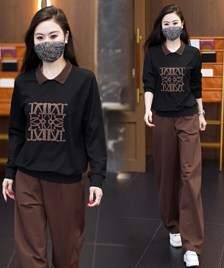 2026 가을 새로운 빅 사이즈 여성 의류 세트 긴팔 폴로 칼라 맨위 넓은 다리 모통이 칼 바지 캐주얼 연령 감소 투피스 세트