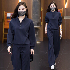 批发大码女装套装2026秋季新款长袖半开领上衣阔腿弯刀裤减龄两件套女