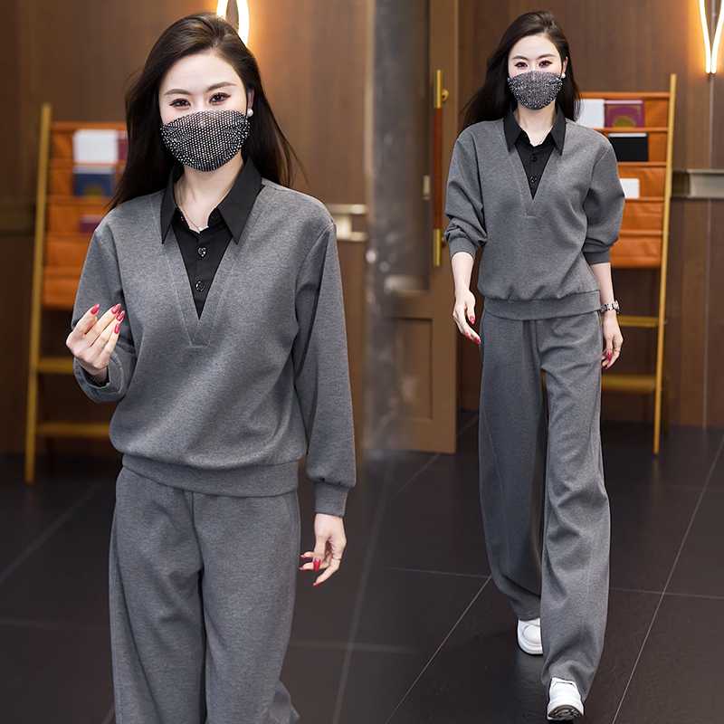 빅 사이즈 여성 의류 세트 2026 봄 새로운 긴팔 셔츠 칼라 맨위 넓은 다리 모통이 칼 바지 연령 감소 두 조각 여성 세트