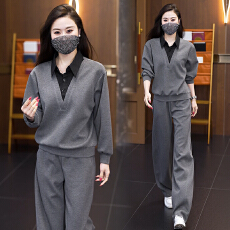 批发大码女装套装2026秋季新款长袖衬衫领上衣阔腿弯刀裤减龄两件套女