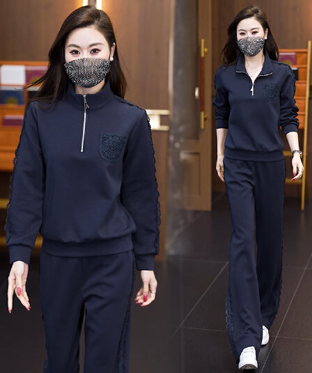빅 사이즈 여성 의류 세트 2026 가을 새로운 긴팔 반 개방 칼라 맨위 좁은 에디션 와이드 레그 팬츠 연령 감소 두 조각 여성 세트