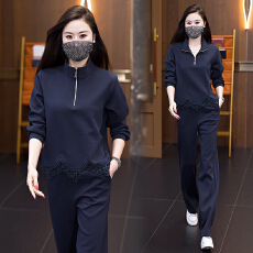 批发大码女装套装2026秋季新款长袖半开领上衣阔腿直筒裤减龄两件套女