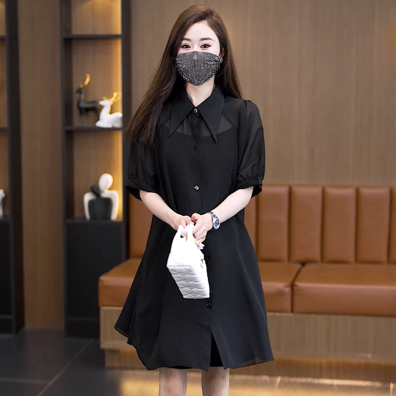 2026 여름 반팔 검정색 쉬폰 셔츠 칼라 점프 슈트 치마 세트 지방 mm 품격 슬림해 보이는 슬립 드레스 투피스 세트