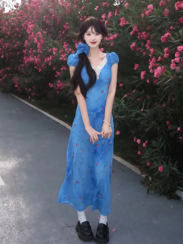 MY9234# 今年流行漂亮的裙子女夏季新款法式多巴胺甜美蓝色V领碎花连衣裙女裝貨源服裝批發