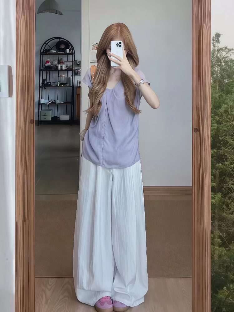 韩系甜美减龄V领扭结短袖衬衫女夏季高腰显瘦百搭阔腿裤两件套潮
