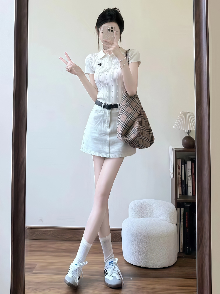 韩系穿搭一整套女2025夏季新款巨好看短袖针织衫高腰短裙两件套装