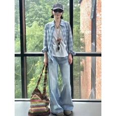 批发韩系休闲套装百搭简约气质蓝色衬衫上衣打底衫阔腿牛仔裤三件套女
