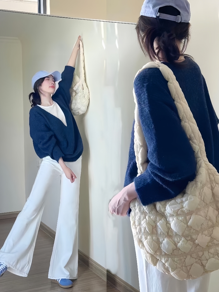 大方得体穿搭一整套女秋冬设计感假两件针织衫毛衣微喇牛仔裤套装