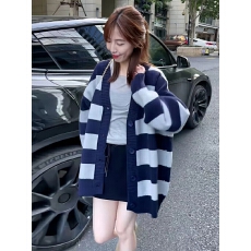 批发独特漂亮的蓝色<b class='q'>条纹</b>中长款开衫毛衣外套女秋冬奶呼呼软糯针织上衣