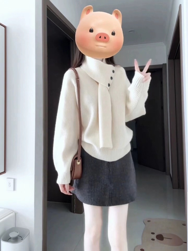 巨好看的一整套穿搭韩系温柔风围巾领针织毛衣外穿短裙两件套装女