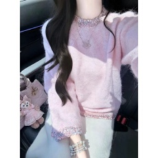 批发韩系氛围感粉色圆领套头针织衫上衣独特漂亮绝美巨好看气质毛衣潮