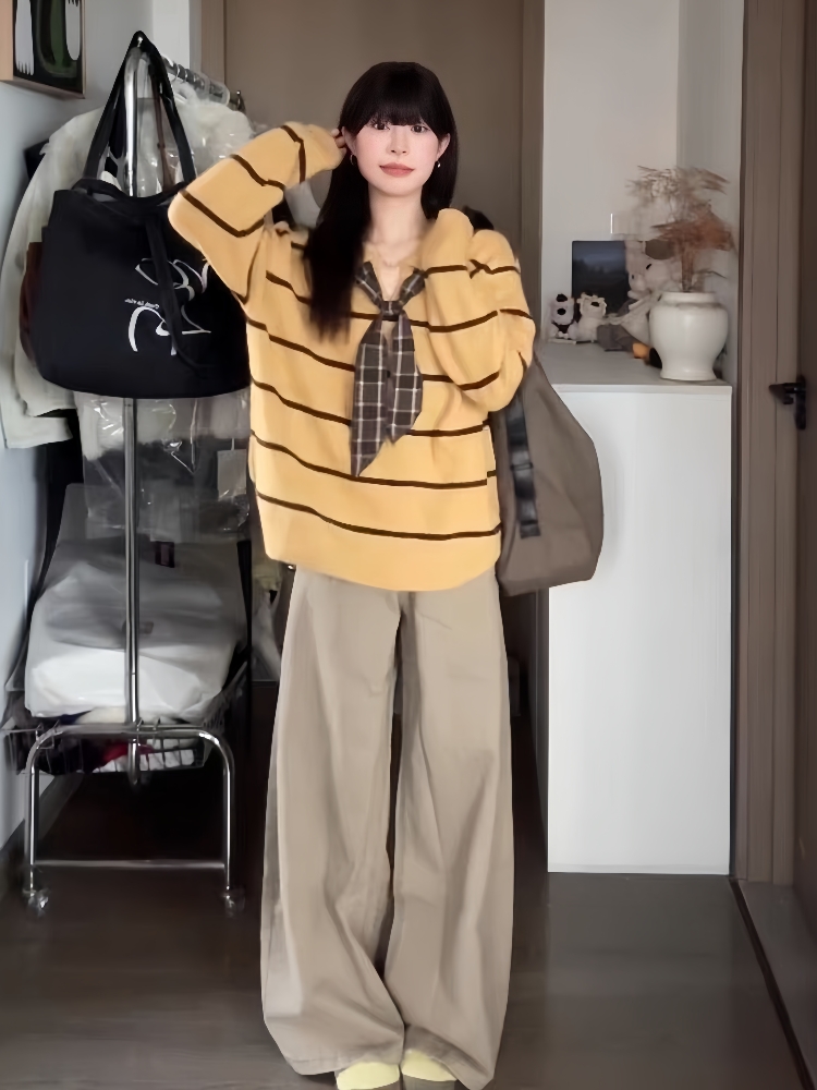 韩系一整套ootd穿搭慵懒风巨好看条纹针织衫上衣阔腿裤两件套装女