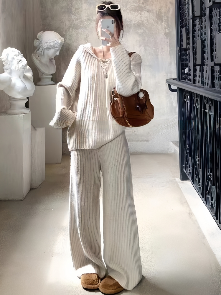韩系chic小众套头长袖毛衣针织衫休闲裤两件套装2025秋冬穿搭套装