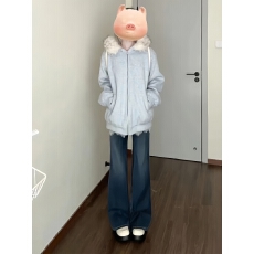 批发韩系氛围感穿搭套<b class='q'>装</b><b class='q'>女</b>慵懒风超好看毛毛连帽开衫卫衣牛仔裤两件套