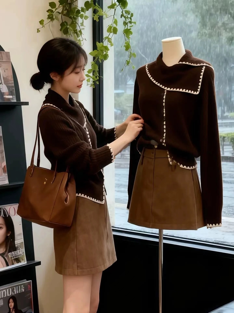 咖色围巾领长袖毛衣开衫女2025秋冬新款针织上衣a字短裙两件套装