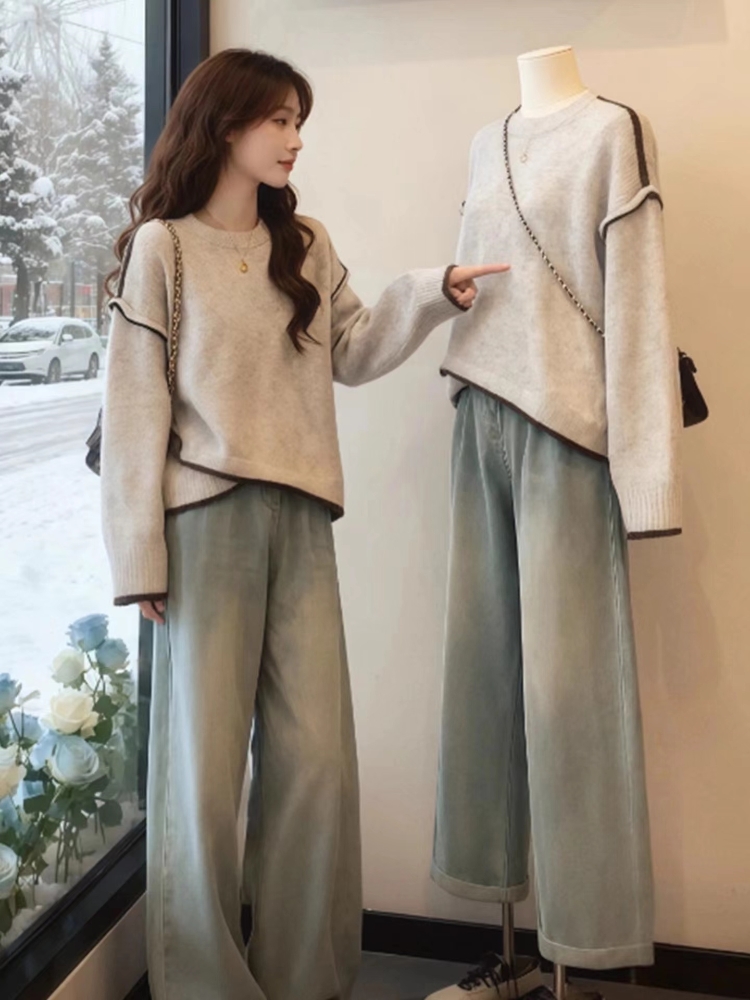 圆领套头毛衣女2025秋冬设计感慵懒软糯百搭格雷系加厚针织衫上衣