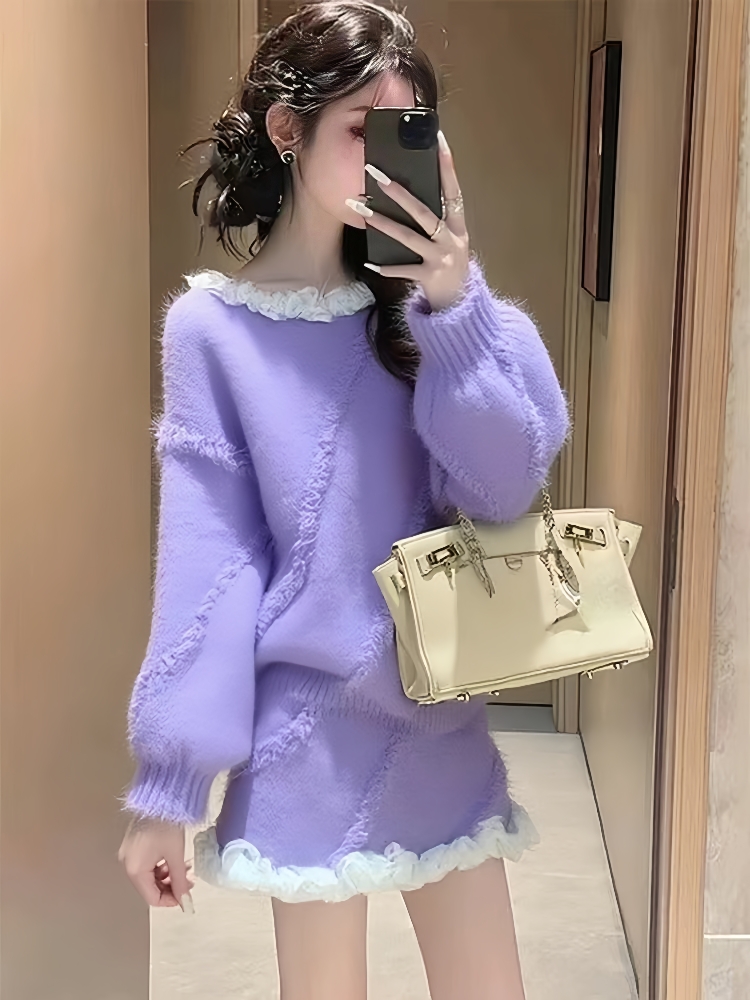 韩系紫色毛衣套装女2025新款穿搭巨好看减龄针织上衣半身裙两件套
