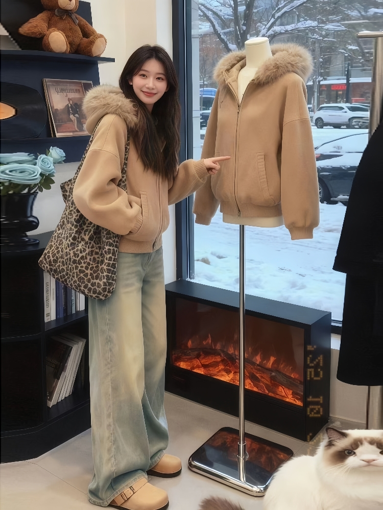 MY15492# 独特漂亮两件套慵懒风高级感巨好看卡其色毛领针织外套牛仔裤套装女裝貨源服裝批發