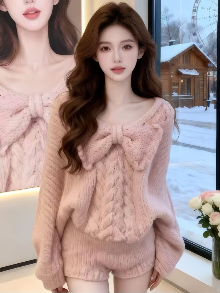 MY15490# 韩系一整套ootd穿搭新款温柔风巨好看麻花针织毛衣短裤两件套女裝貨源服裝批發