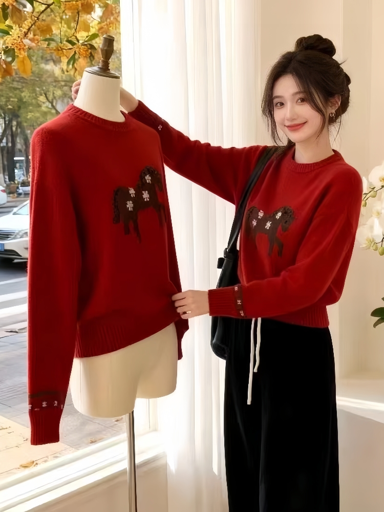MY15491# 设计感高级感红色毛衣新款韩系软糯上衣长袖针织衫女外穿女裝貨源服裝批發