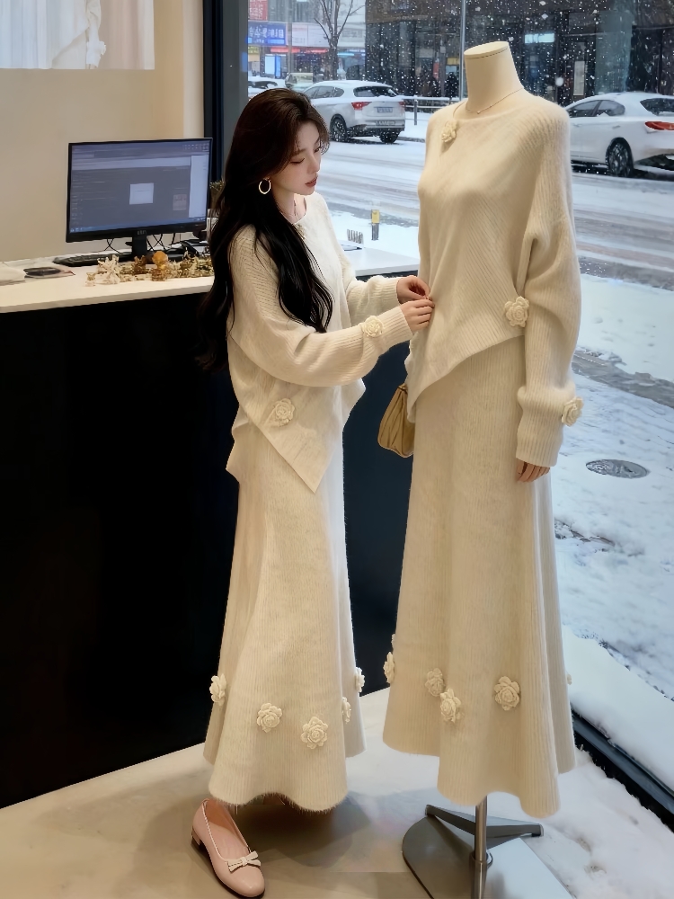 深冬装穿搭一整套2025超火巨好看独特漂亮设计感针织毛衣裙子套装