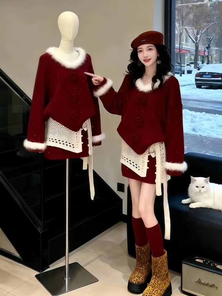 超火穿搭一整套冬季韩系设计感显瘦减龄红色针织毛衣半身裙两件套