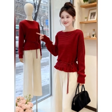 批发秋冬软糯一整套新款韩系氛围感木耳边系带针织毛衣休闲裤两件套潮